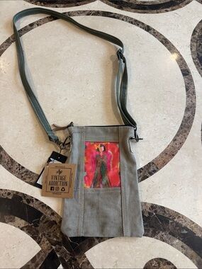 Vintage Addiction Olive Canvas Messenger Bag with Artistic Patch